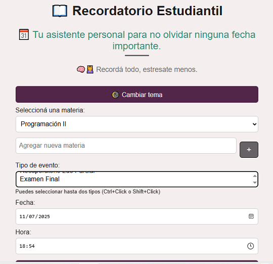 Captura del Recordatorio Estudiantil